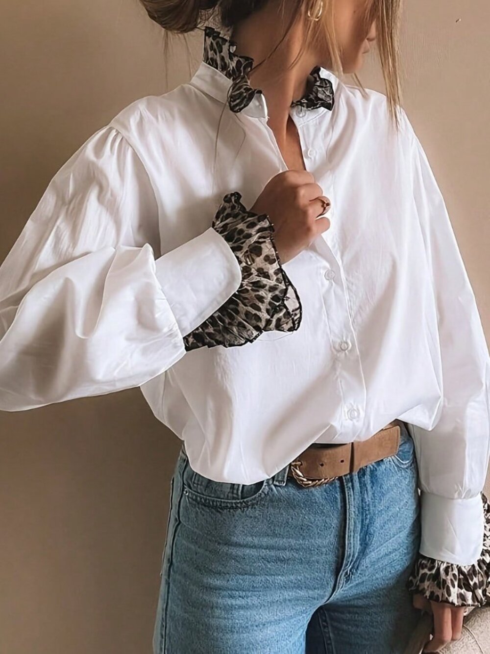 White Casual Women's Leopard Print Splice Collar Shirt